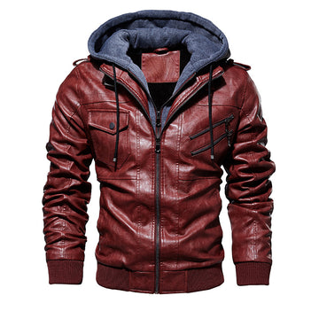 Men's Leather Jacket Men's PU Leather Hooded Leather Jacket - Image 5