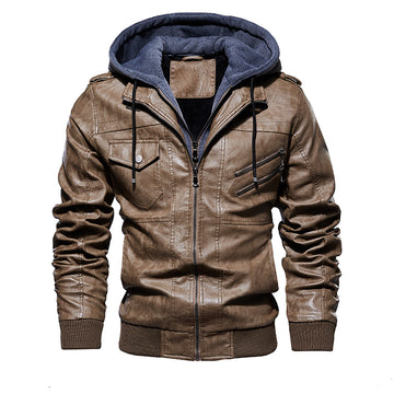 Men's Leather Jacket Men's PU Leather Hooded Leather Jacket - Image 3