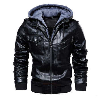 Men's Leather Jacket Men's PU Leather Hooded Leather Jacket - Image 4