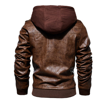 Men's Leather Jacket Men's PU Leather Hooded Leather Jacket - Image 2