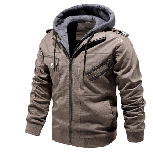 Men's Leather Jacket Men's PU Leather Hooded Leather Jacket - Image 6